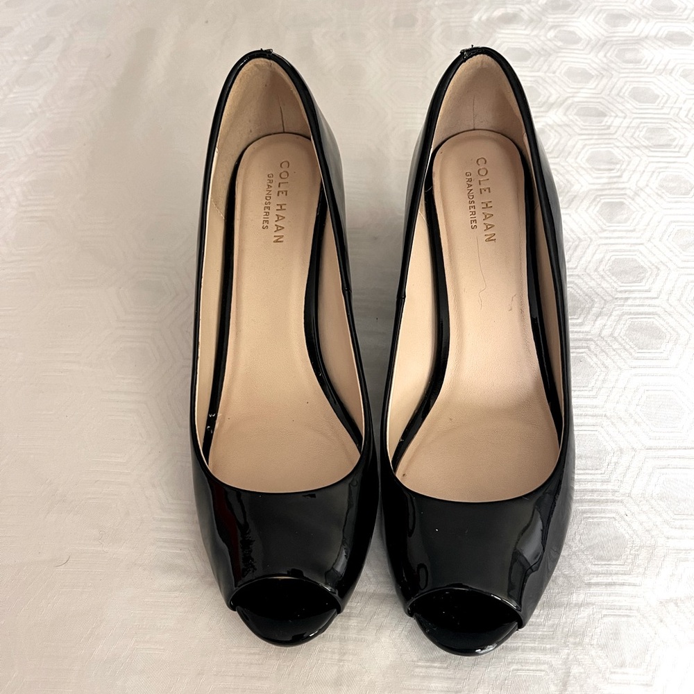 Cole Haan glossy black patent leather Medium heel wedge pump. Open toe. Size 8.